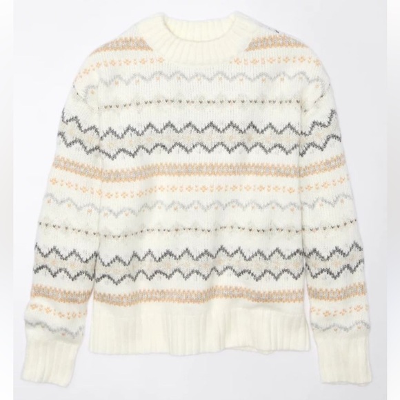 American Eagle Outfitters Sweaters - AMERICAN EAGLE WOMENS SO SOFT CREWNECK SWEATER WHITE FAIR ISLE PATTERN XS